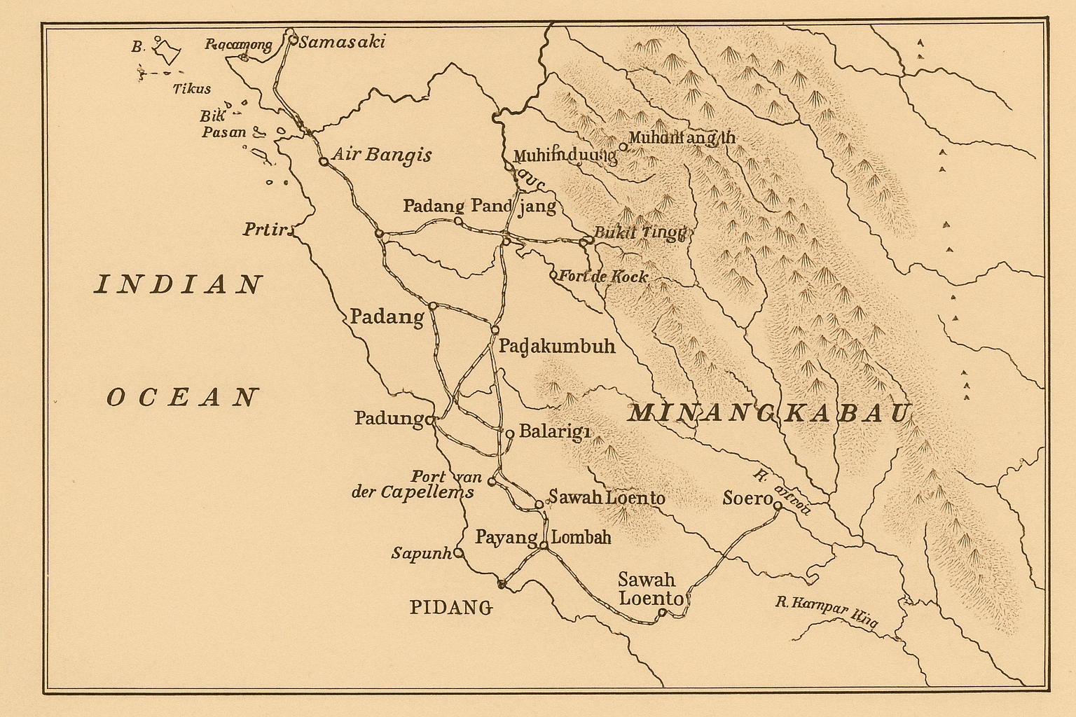 peta historis  Sumatera Barat era kolonial, menunjukkan kota pelabuhan, jalur kereta api, dan wilayah pegunungan strategis